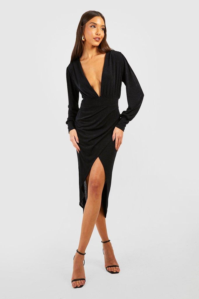 Womens Textured Slinky Rouched Wrap Dress - Black - 10, Black