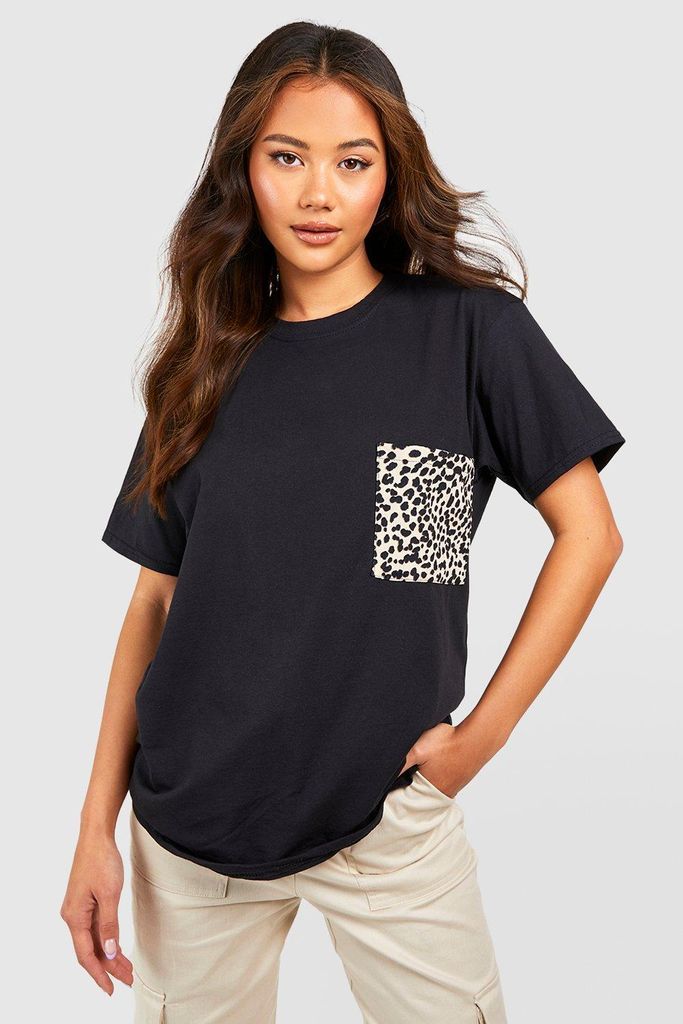 Womens Leopard Print Pocket Oversized T-Shirt - Black - S, Black