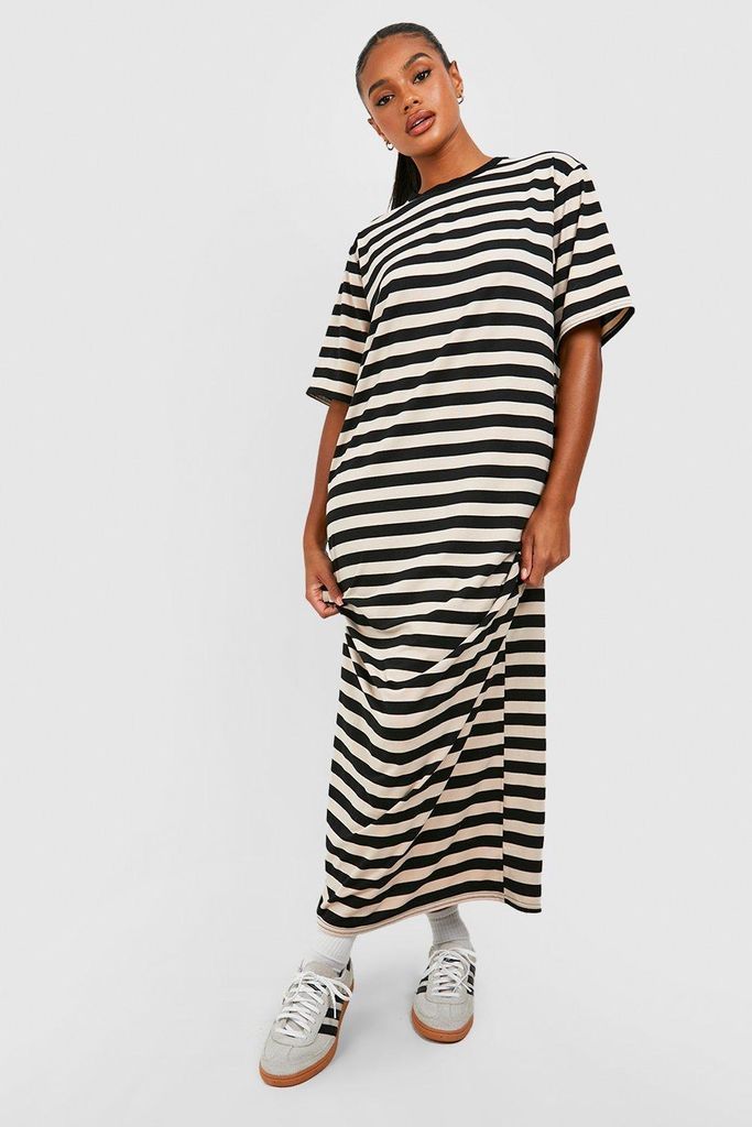 Womens Oversized Striped T-Shirt Maxi Dress - Beige - 8, Beige