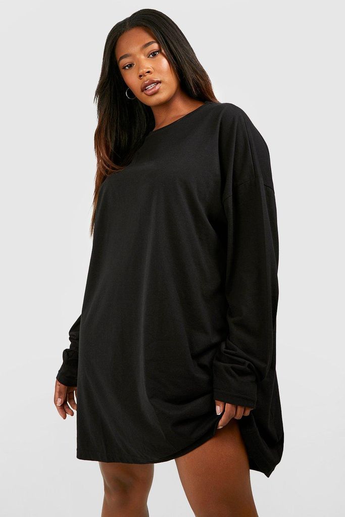 Womens Plus Cotton Long Sleeve T-Shirt Dress - Black - 16, Black