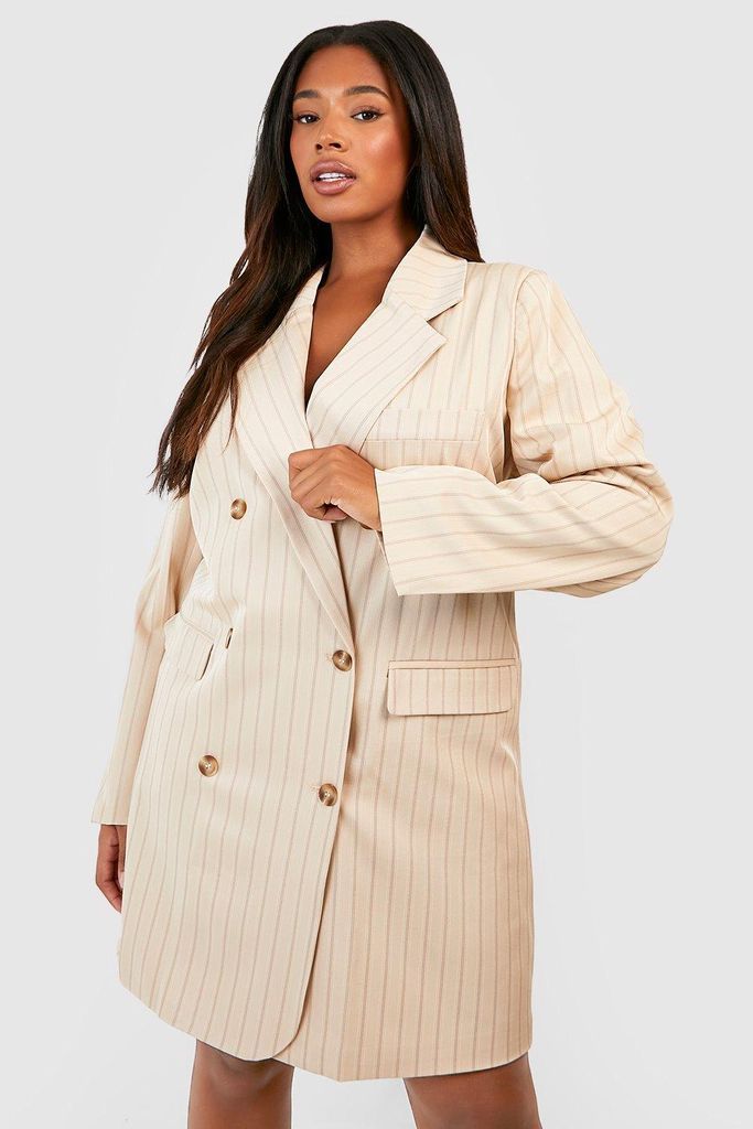 Womens Plus Premium Pinstripe Oversized Blazer Dress - Beige - 16, Beige