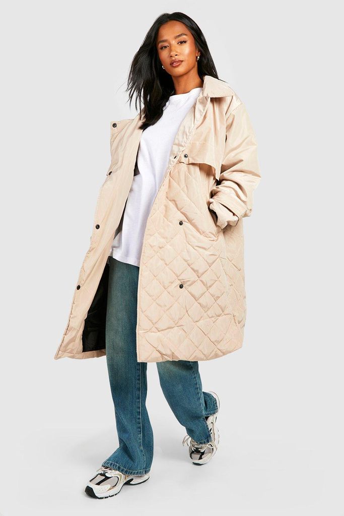 Womens Petite Oversized Quilted Double Layer Trench Coat - Beige - 6, Beige