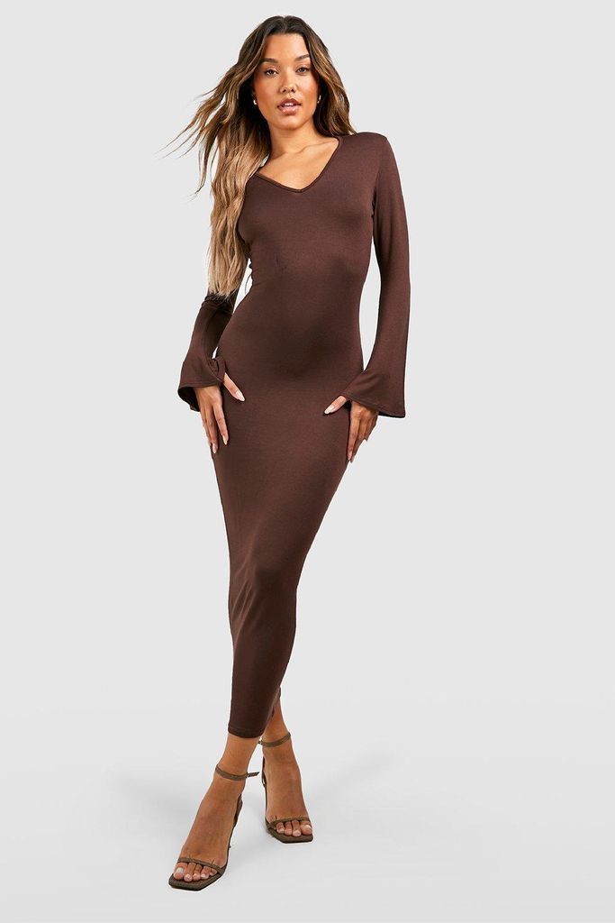 Womens Plunge Flare Sleeve Midaxi Dress - Brown - 8, Brown