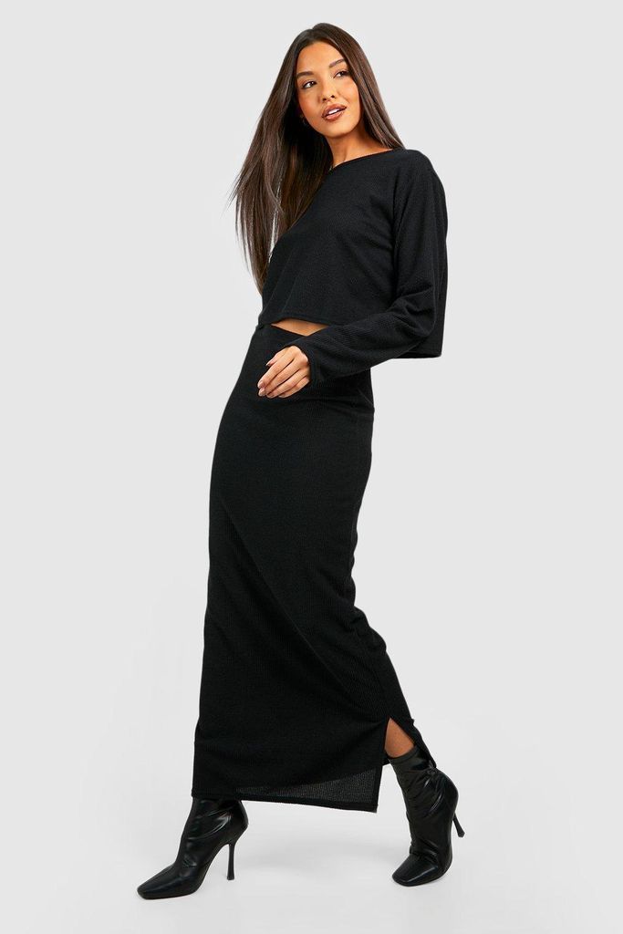 Womens Ribbed Midi Skirt With Split - Black - 10, Black