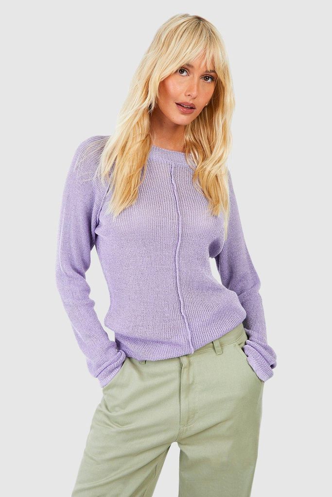 Womens Sheer Knit Fine Gauge Seam Detail Jumper - Purple - S, Purple