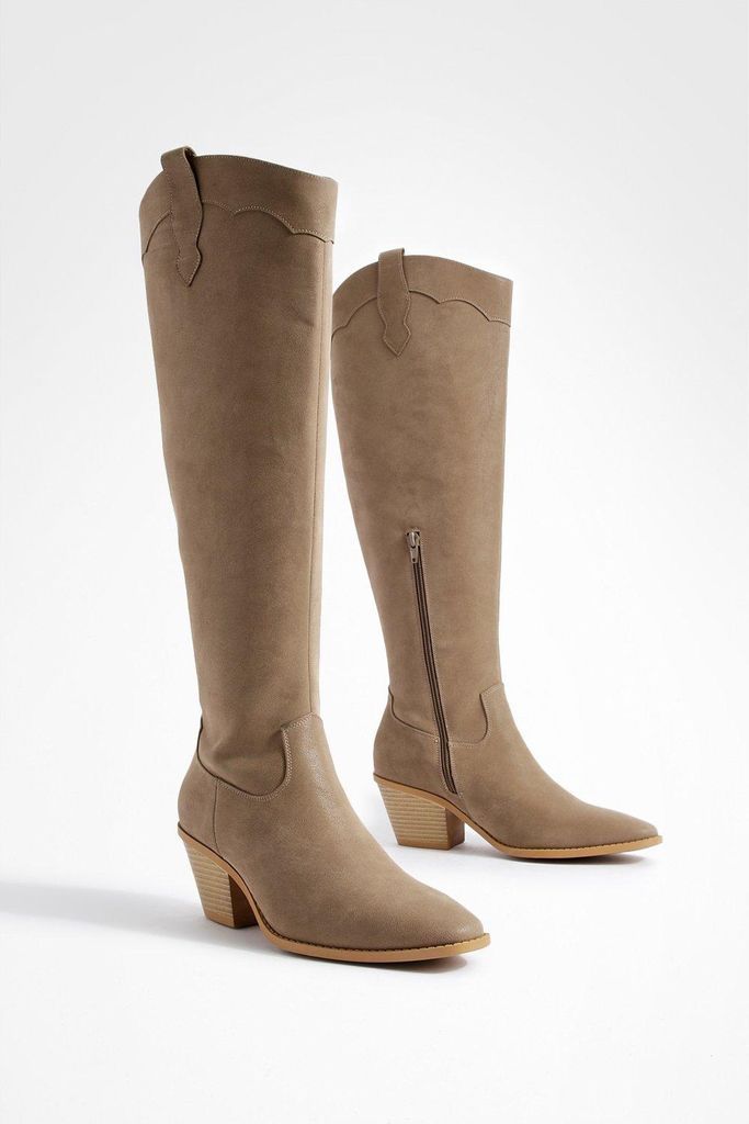 Womens Knee High Cowboy Western Boots - Beige - 3, Beige