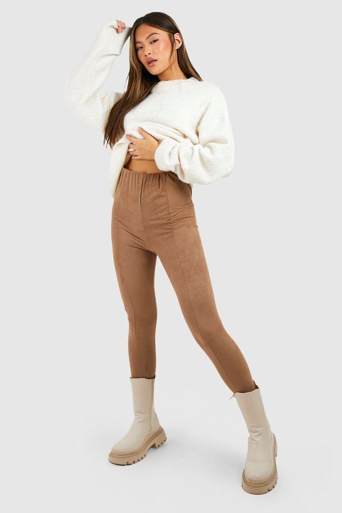 Womens Seam Front High Waisted Soft Touch Suedette Leggings - Beige - 4, Beige