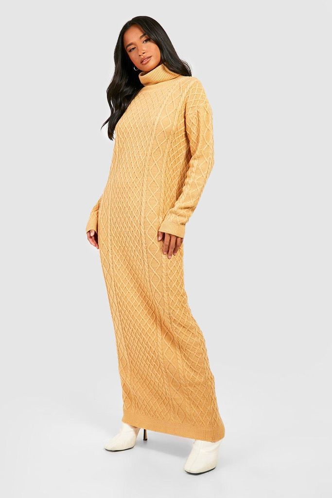 Womens Petite Cable Roll Neck Maxi Jumper Dress - Beige - S, Beige