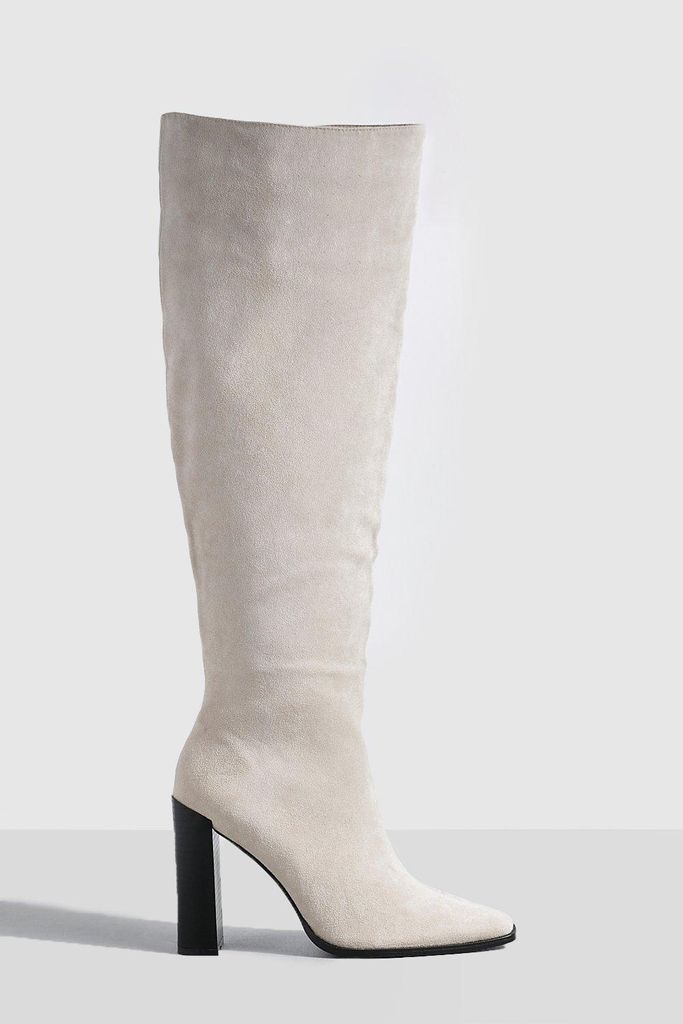 Womens Stack Heel Square Toe Knee High Boots - Beige - 3, Beige