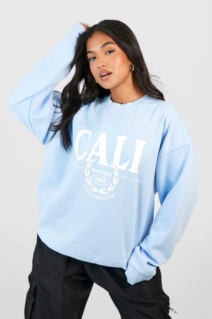 Womens Petite Cali Print Sweatshirt - Blue - S, Blue