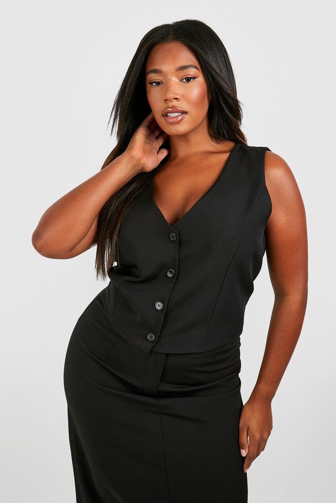 Womens Plus Woven Button Detail Waistcoat - Black - 16, Black