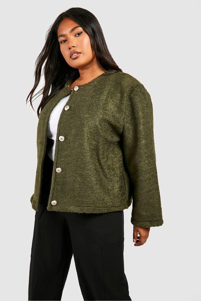 Womens Plus Collarless Textured Jacket - Green - 16, Green