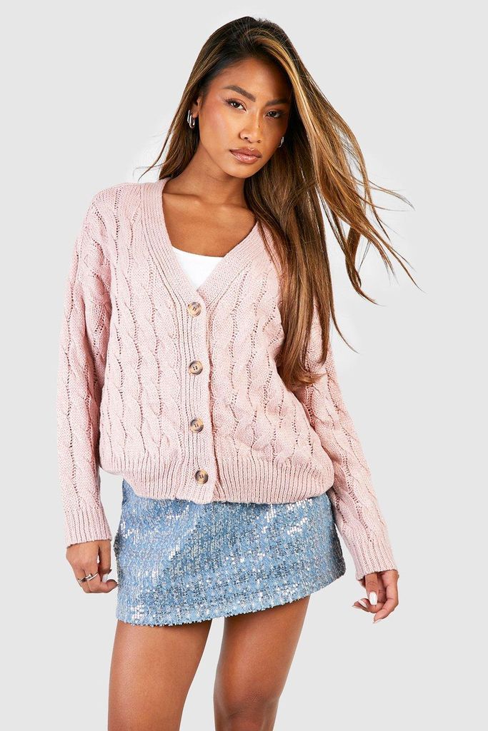 Womens Sequin Cable Knit Cardigan - Pink - S, Pink