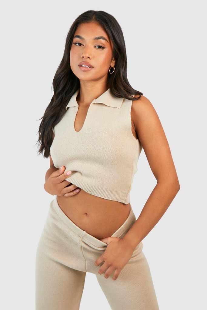 Womens Petite Knitted Cropped Top - Beige - S, Beige