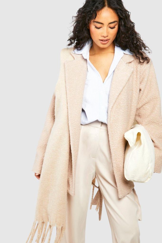 Womens Short Belted Textured Wool Look Coat - Beige - 8, Beige