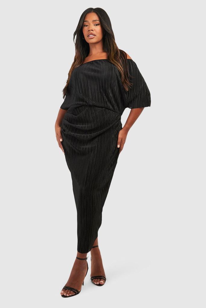 Womens Plus Off The Shoulder Plisse Midi Dress - Black - 28, Black