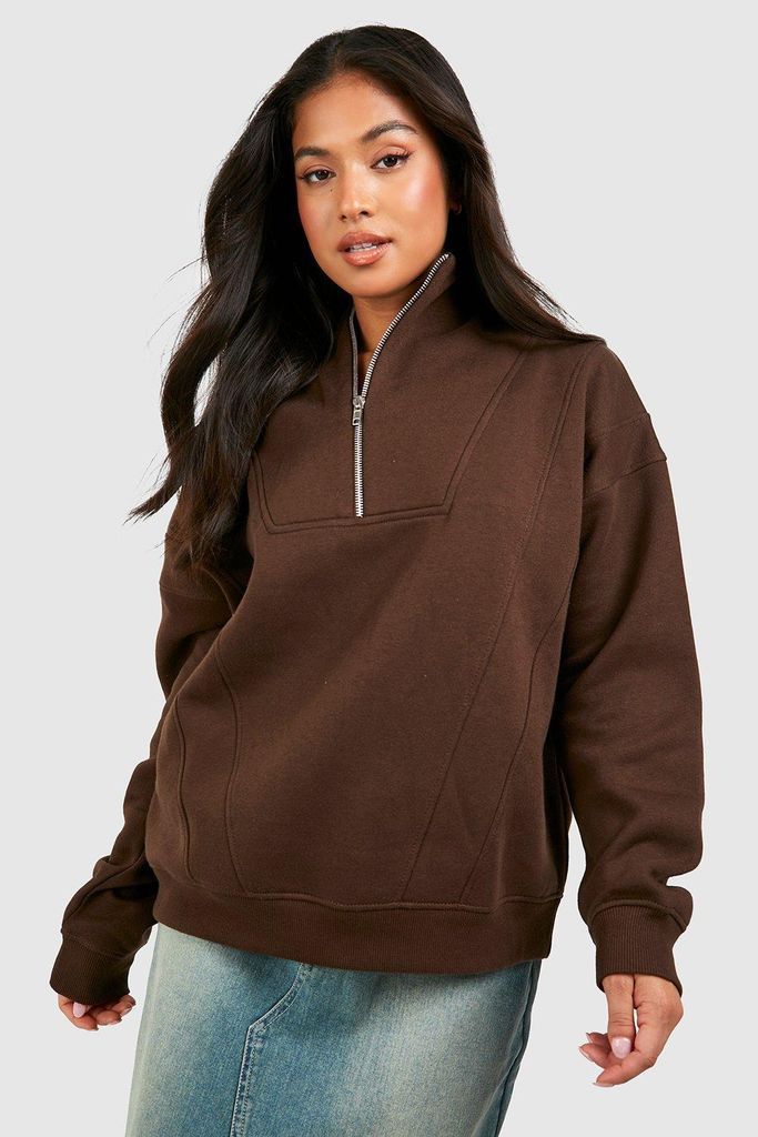 Womens Petite Seam Detail Quarter Zip Sweatshirt - Brown - S, Brown