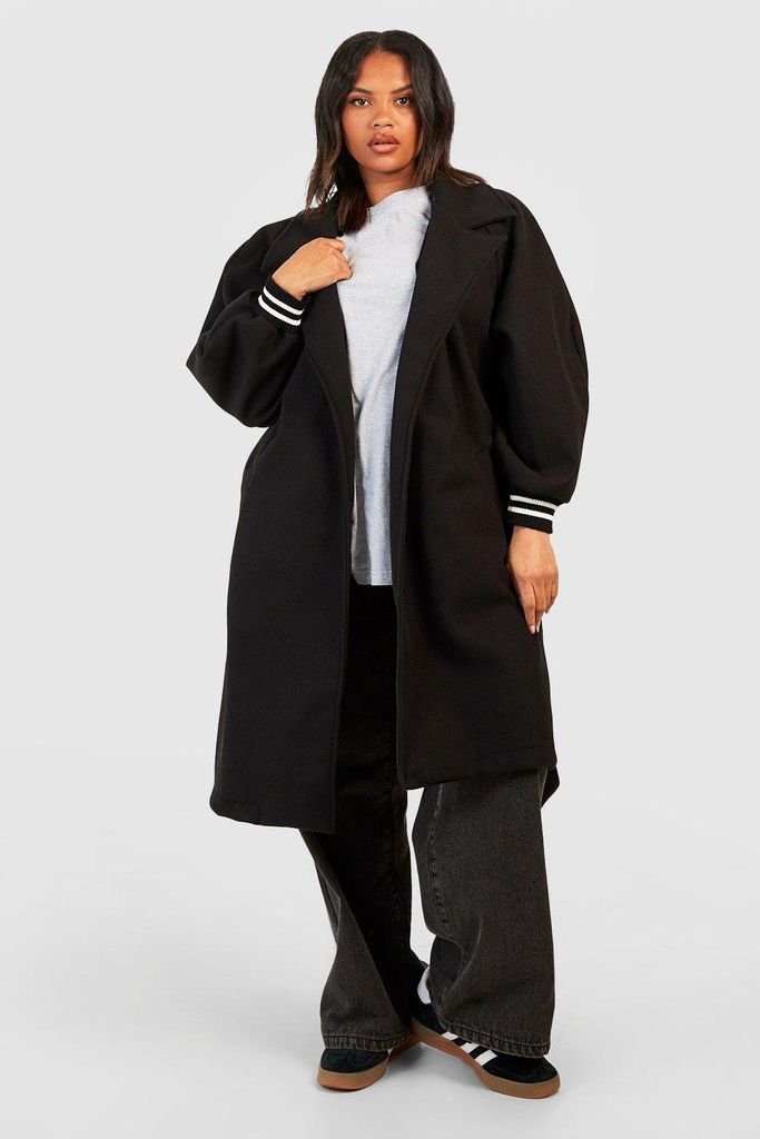 Womens Plus Wool Look Belted Contrast Stripe Coat - Black - 16, Black