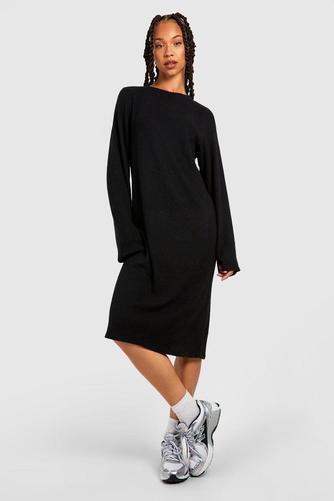Womens Tall Soft Knitted Rib Funnel Longsleeve Column Midi Dress - Black - 6, Black