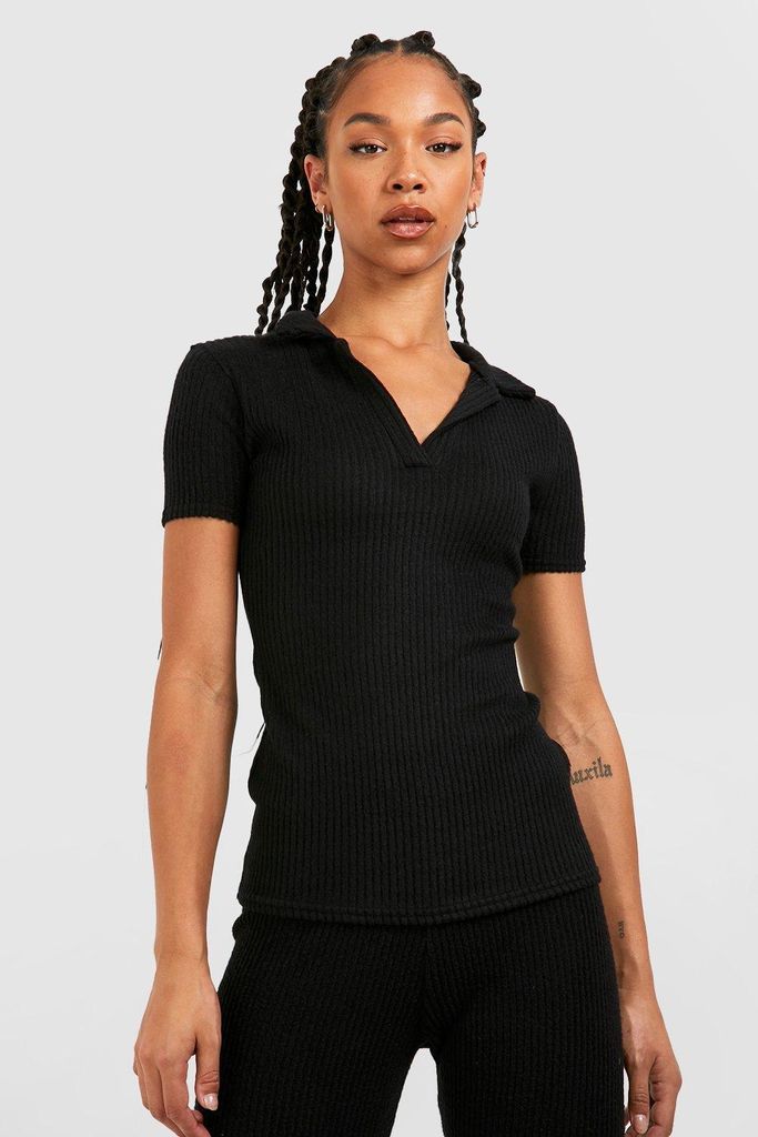 Womens Tall Soft Knitted Rib Open Collar T-Shirt - Black - 6, Black