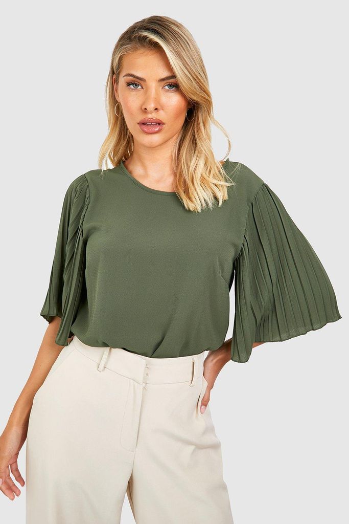 Womens Pleat Sleeve Woven Blouse - Green - 8, Green
