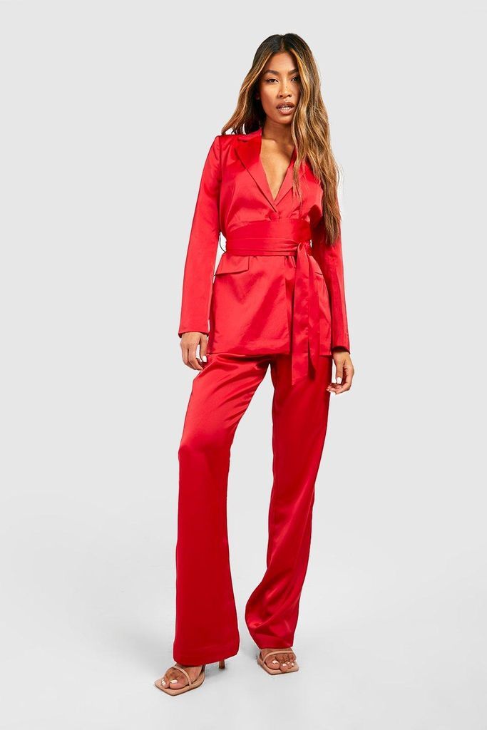Womens Matte Satin Fit & Flare Tailored Trousers - 6, Red