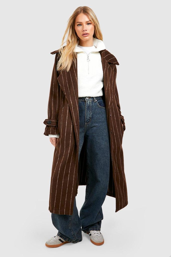 Womens Oversized Pinstripe Shoulder Pad Midaxi Wool Look Coat - Brown - 8, Brown