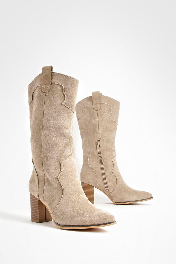 Womens Tab Detail Knee Western Cowboy Boots - Beige - 3, Beige