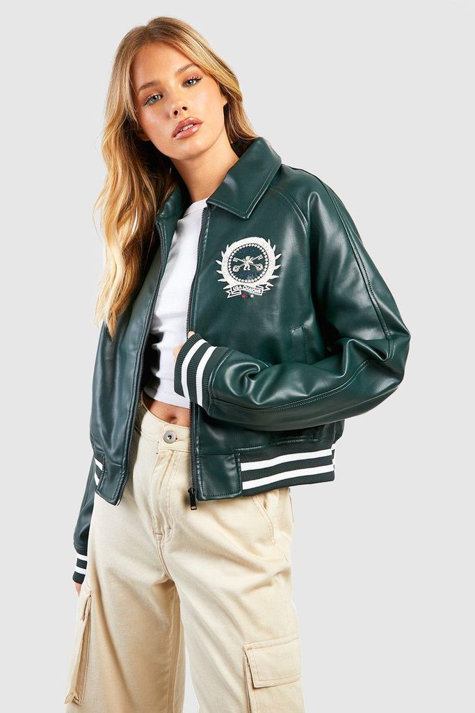Womens Oversized Embroidered Usa Faux Leather Bomber - Green - 8, Green