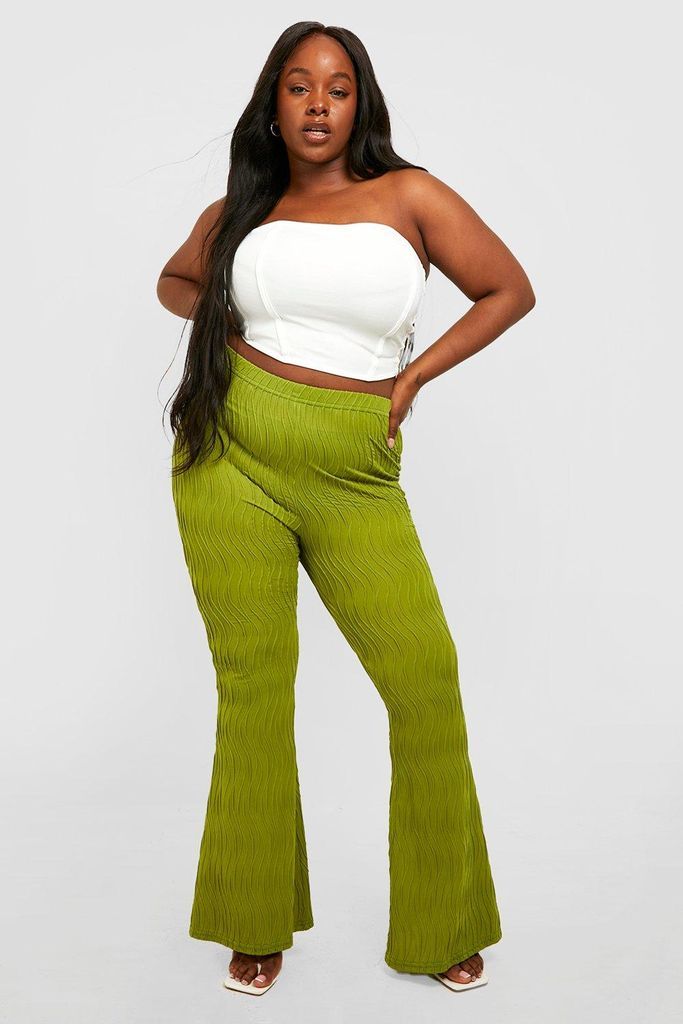Womens Plus Textured Ripple Rib Flared Trousers - Green - 28, Green