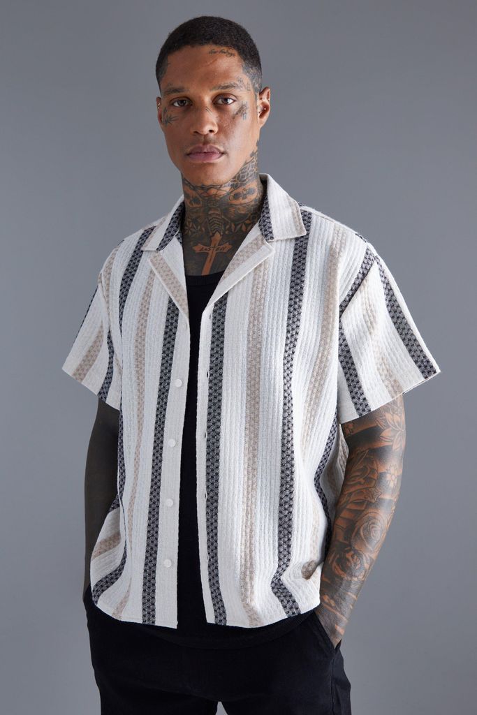 Men's Short Sleeve Boxy Linen Look Stripe Shirt - White - S, White