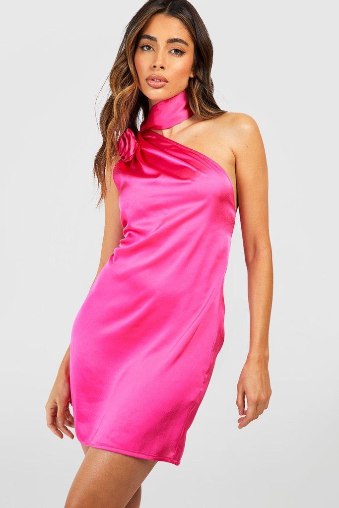 Womens Rose Tie Neck Satin Slip Dress - Pink - 12, Pink