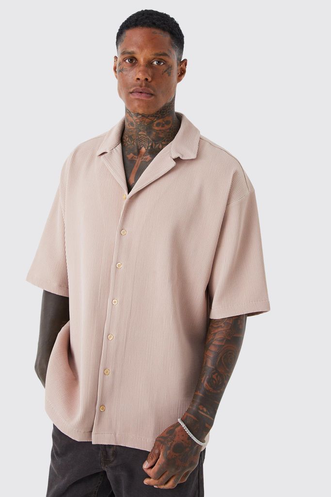 Men's Short Sleeve Pleated Oversized Shirt - Beige - S, Beige