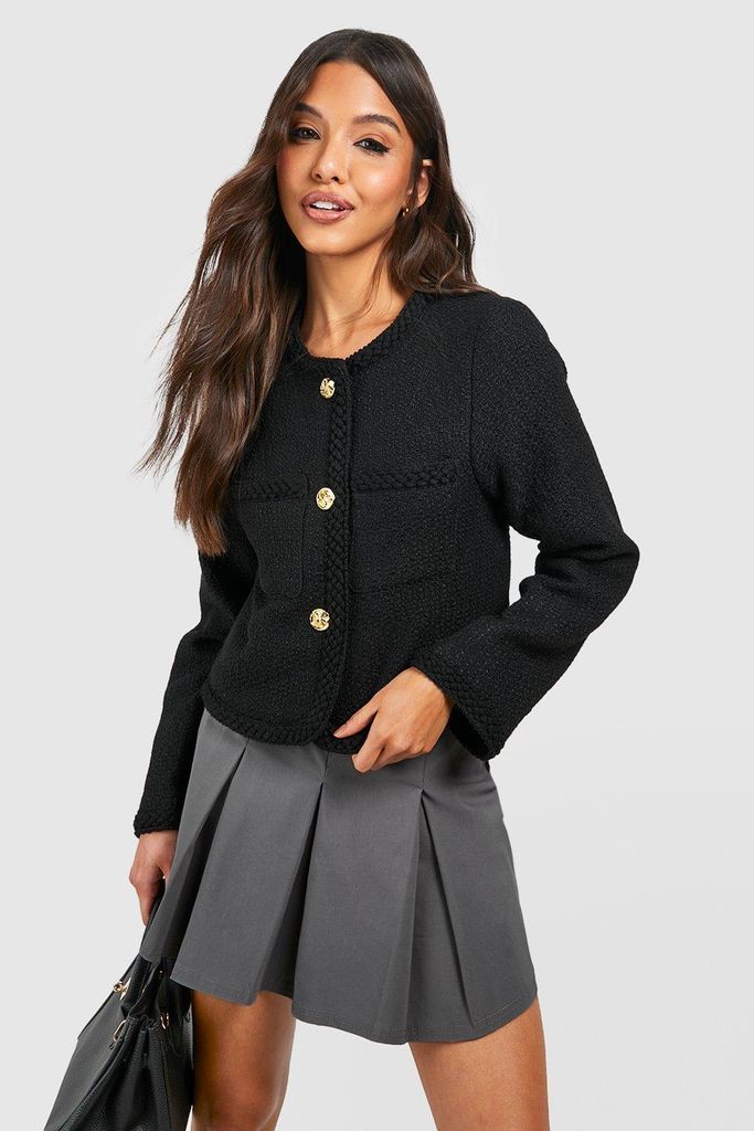 Womens Boucle Button Detail Jacket - Black - 8, Black
