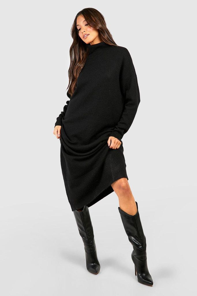 Womens High Neck Soft Knit Midaxi Dress - Black - 10, Black