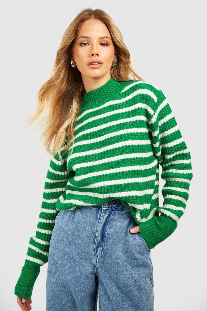 Womens Chunky Knit Stripe Jumper - Green - S/M, Green
