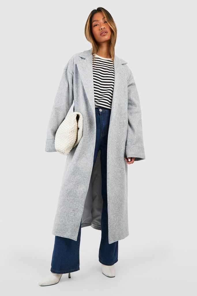 Womens Cuff Detail Belted Wool Look Coat - Grey - 8, Grey