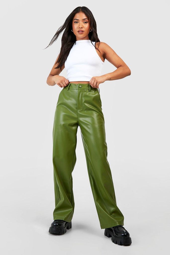 Womens Petite Leather Look Relaxed Fit Straight Leg Trousers - Green - 8, Green