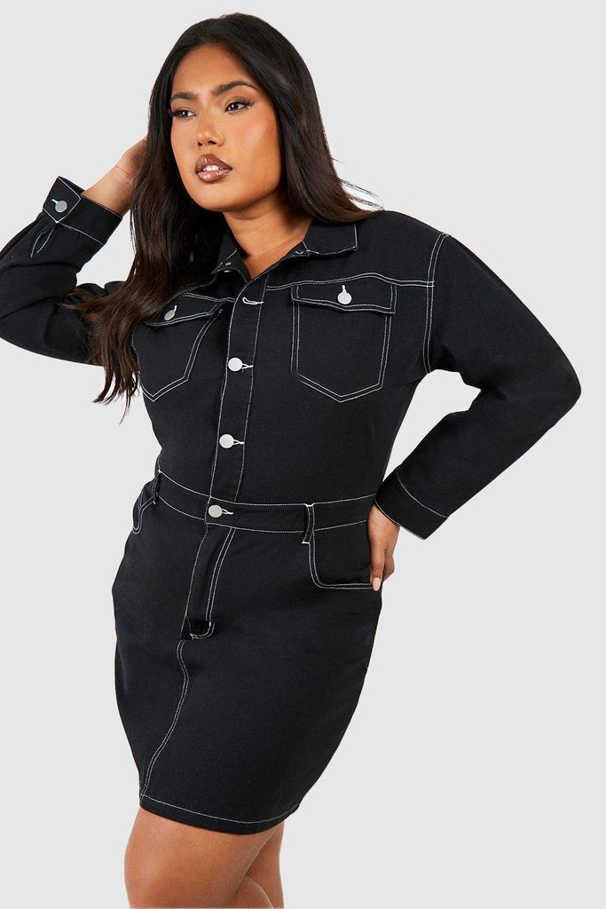 Womens Plus Contrast Stitch Denim Dress - Black - 16, Black