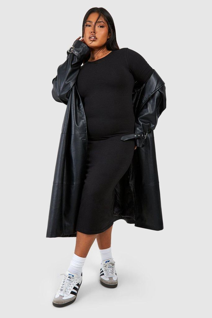 Womens Plus Crew Neck Cotton Midi Dress - Black - 16, Black