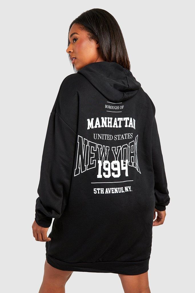 Womens Plus New York Slogan Hooded Sweatshirt Dress - Black - 16, Black