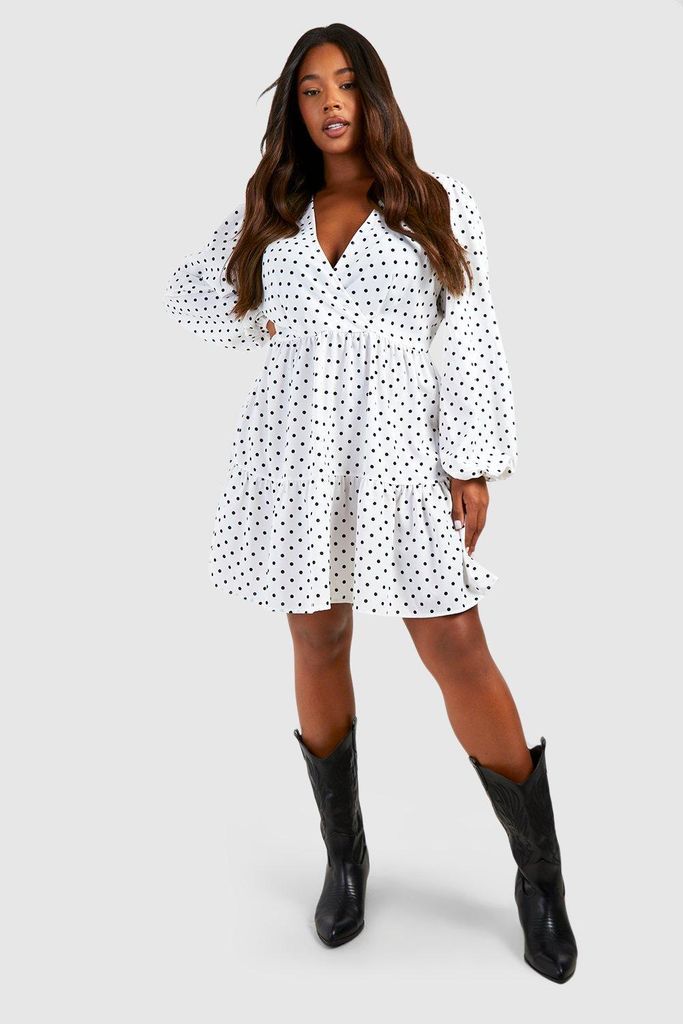 Womens Plus Polka Dot Wrap Balloon Smock Dress - White - 24, White