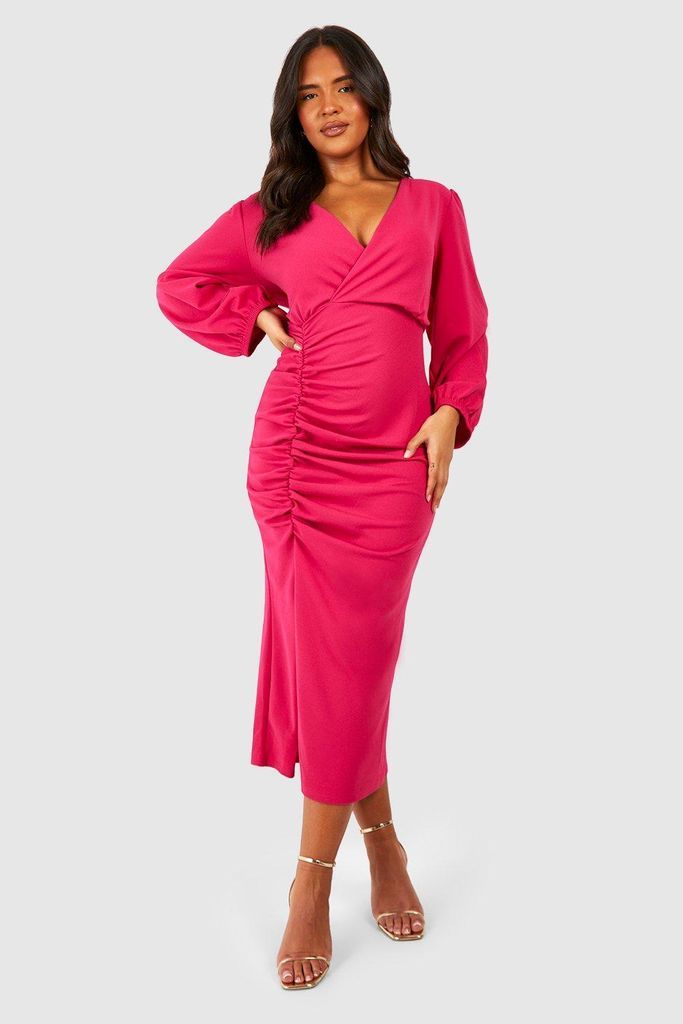 Womens Plus Rouched Wrap Midi Dress - Pink - 16, Pink
