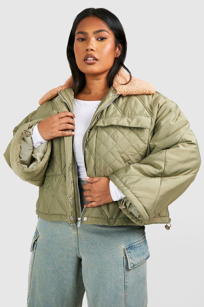 Womens Plus Teddy Collar Quilted Puffer Jacket - Green - 16, Green