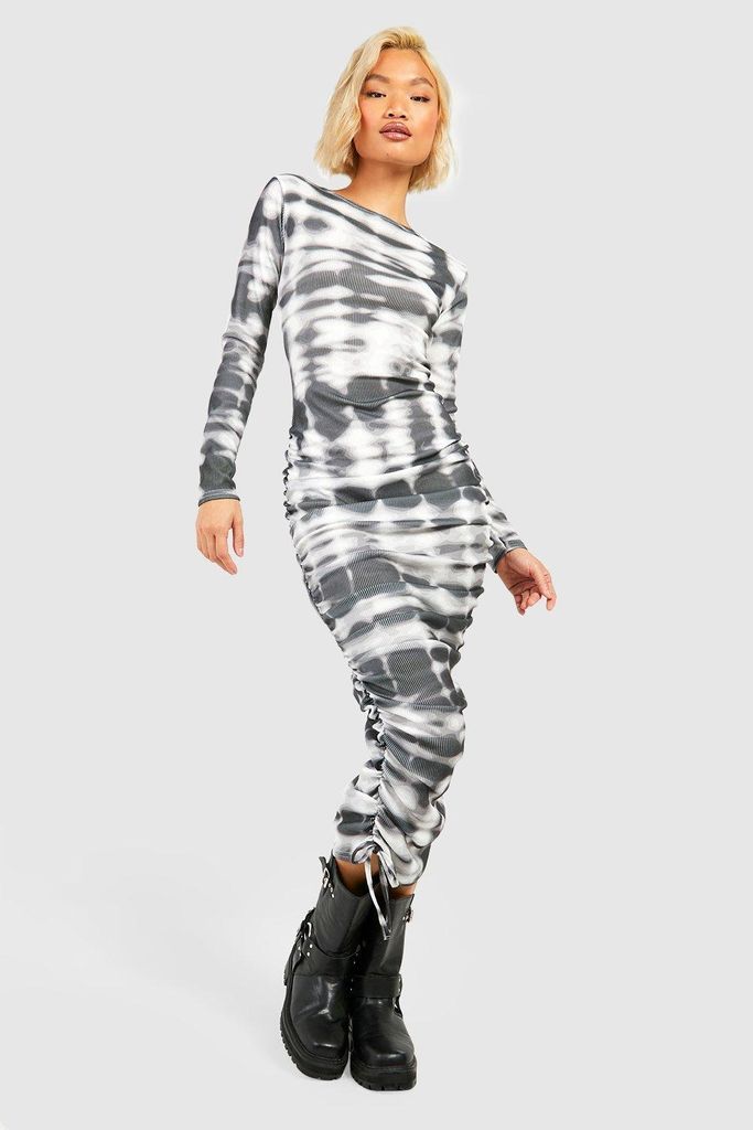 Womens Printed Rouched Detail Ribbed Midi Dress - Grey - 8, Grey