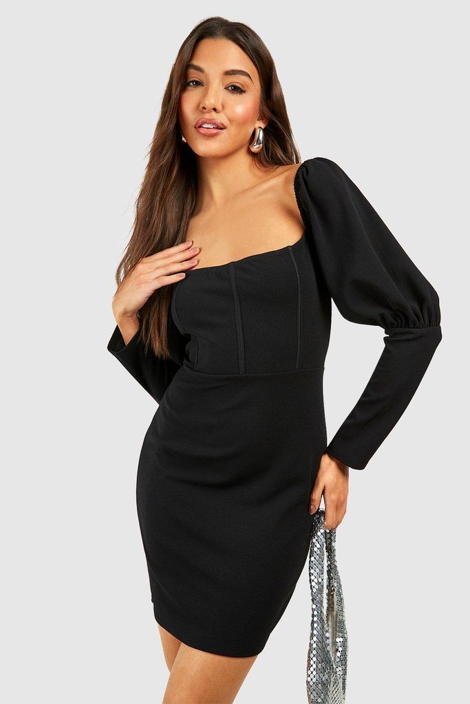 Womens Puff Sleeve Corset Mini Dress - Black - 8, Black