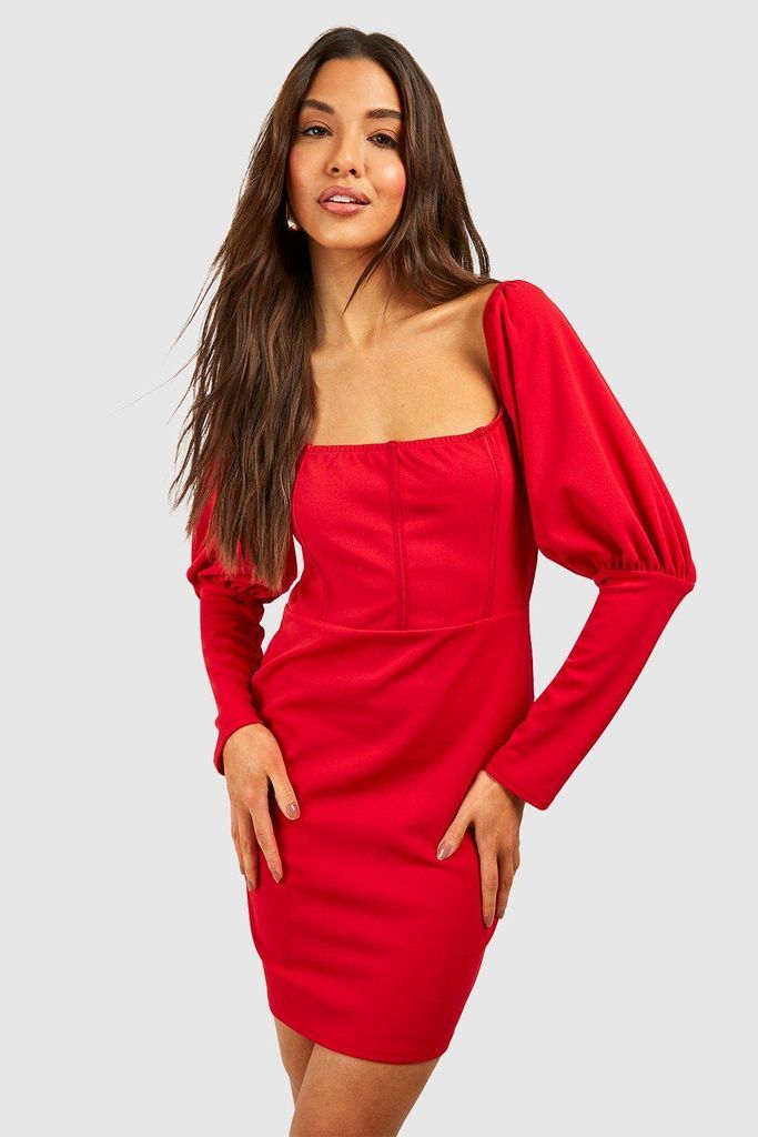 Womens Puff Sleeve Corset Mini Dress - Red - 8, Red