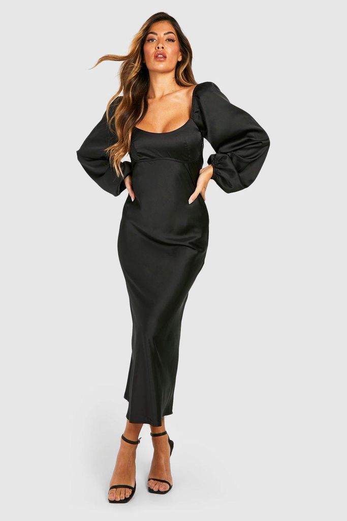 Womens Satin Blouson Sleeve Midaxi Dress - Black - 8, Black
