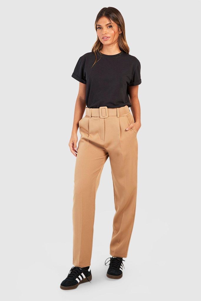 Womens Self Fabric Belted Slim Fit Trousers - Beige - 6, Beige