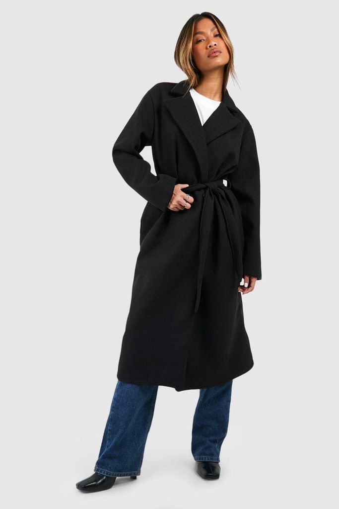 Womens Shoulder Pad Belted Wool Look Coat - Black - 8, Black